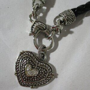 Braided Leather Strap Metal Silver Tone Heart Choker Necklace
